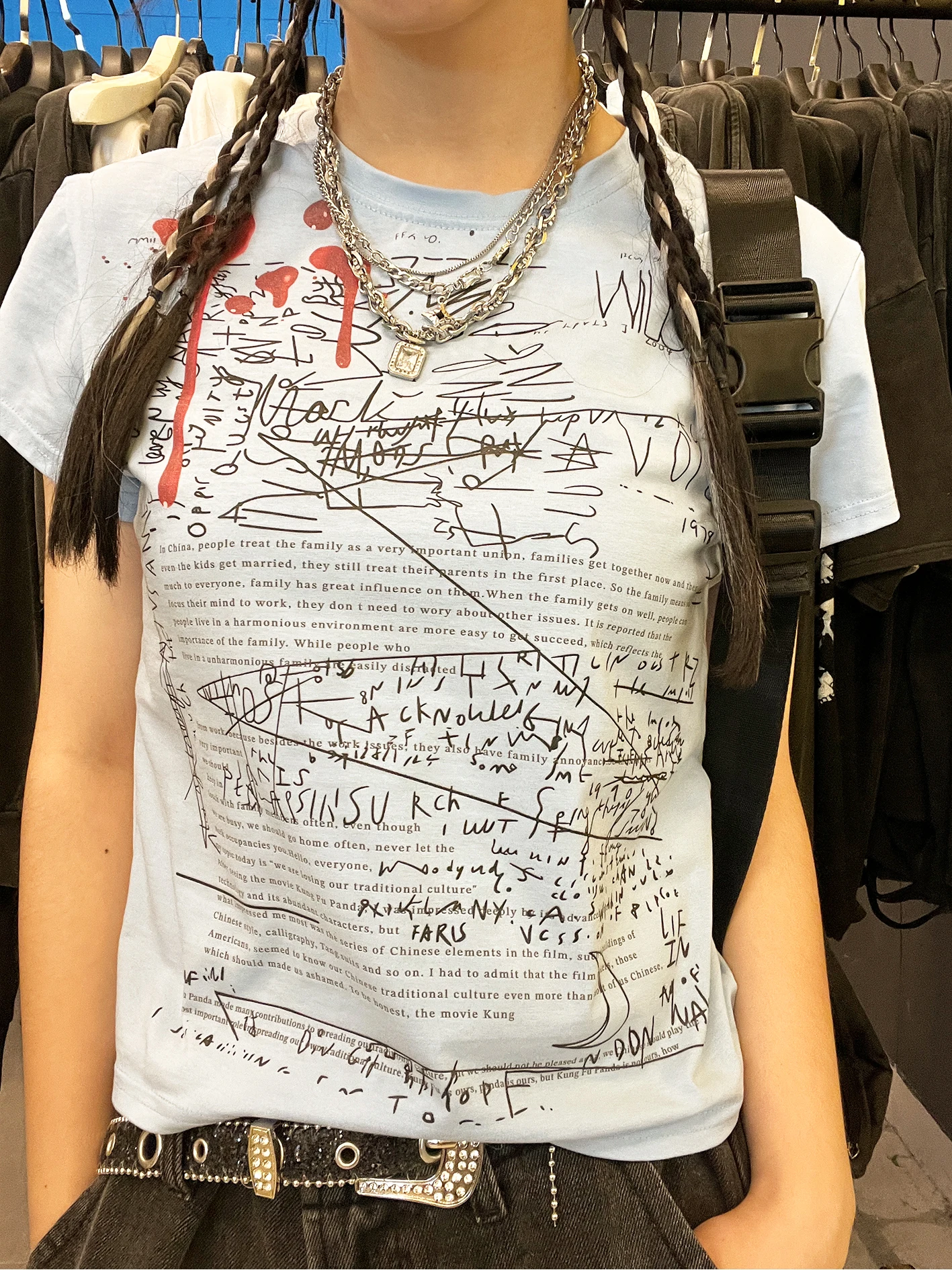 Creative Short Sleeve Slim Fit T-Shirt Blue English Draft Design by Wang Studio Share Your Favorite Things Heartfelt