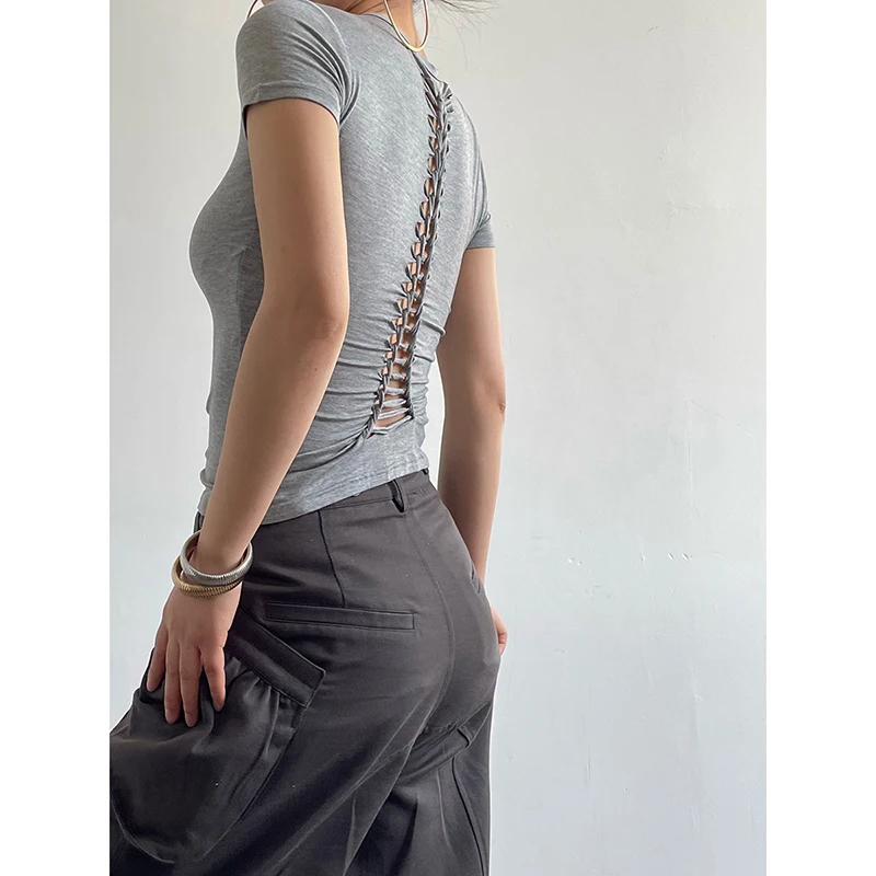 Yedinas Back Hollow Out Solid Women's T-shirt Korean Fashion Short Sleeve Slim Streetwear Summer Tops Soft Tees Female Clothing