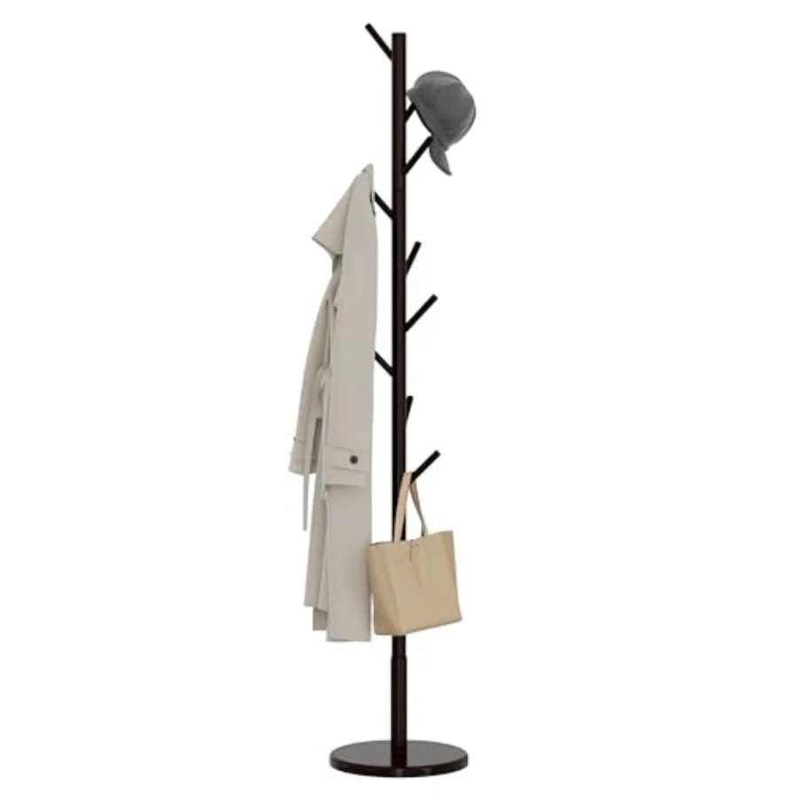

Wooden Freestanding Coat Tree with 4 Height Options and 9 Hooks Sturdy Coat Rack Stand for Clothes/Bags/Hats Save Space Coat Ra