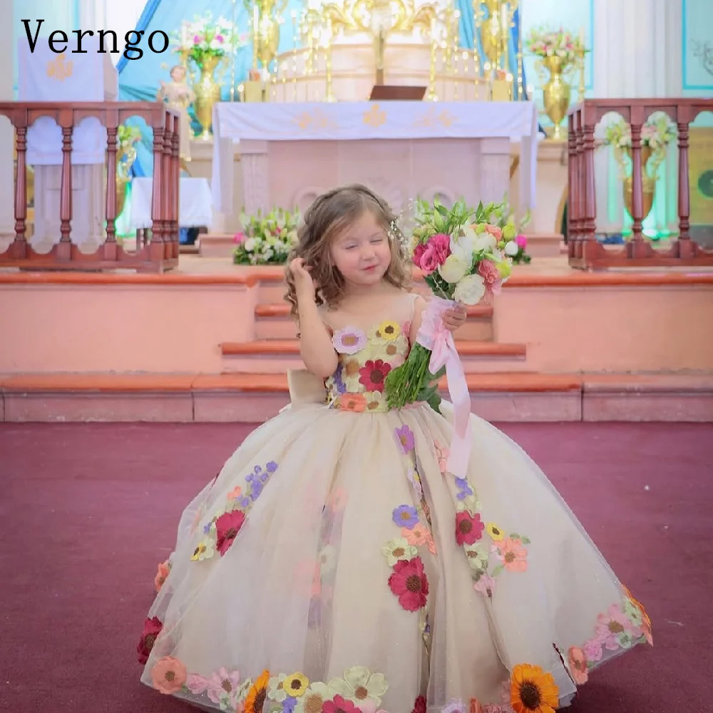 Verngo Pincess Flowers Mini Girl Flowers Dress O Neck A Line Kid Bow Birthday Party Dresses Celebrity Gown Customized