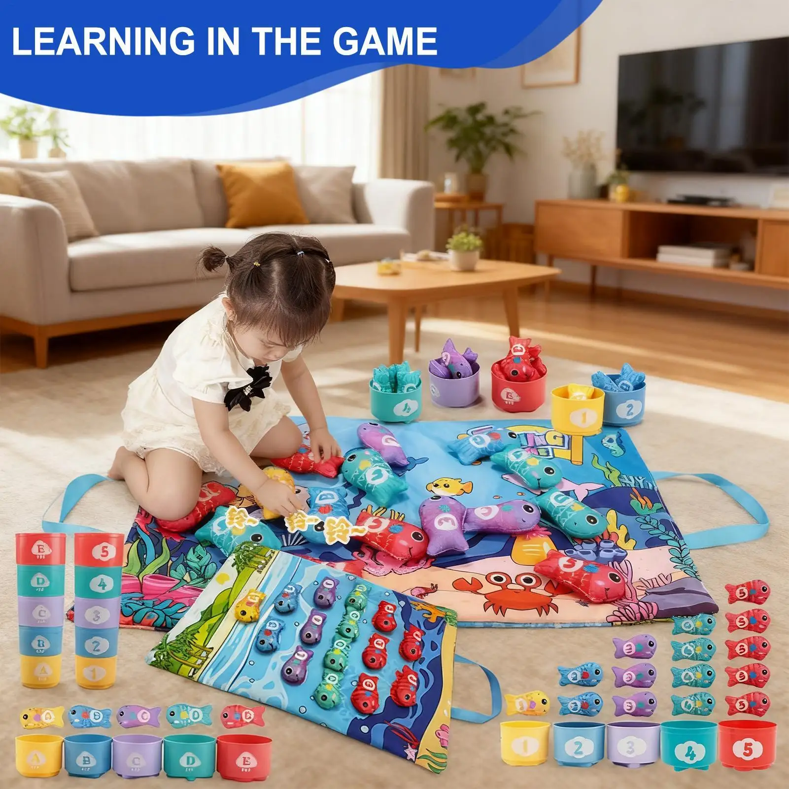 Brinquedo de classificação de cores para crianças, brinquedo de tecido para aprendizagem de números de cores, jogo de pesca, atividade de classificação para crianças de 0 a 36 meses e meninas