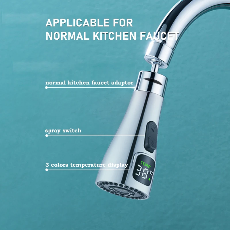 Digital Display Temperature 2 Modes Spray Head Replacement Sink Basin Kitchen Pull Out Sprayer Plating Nozzle