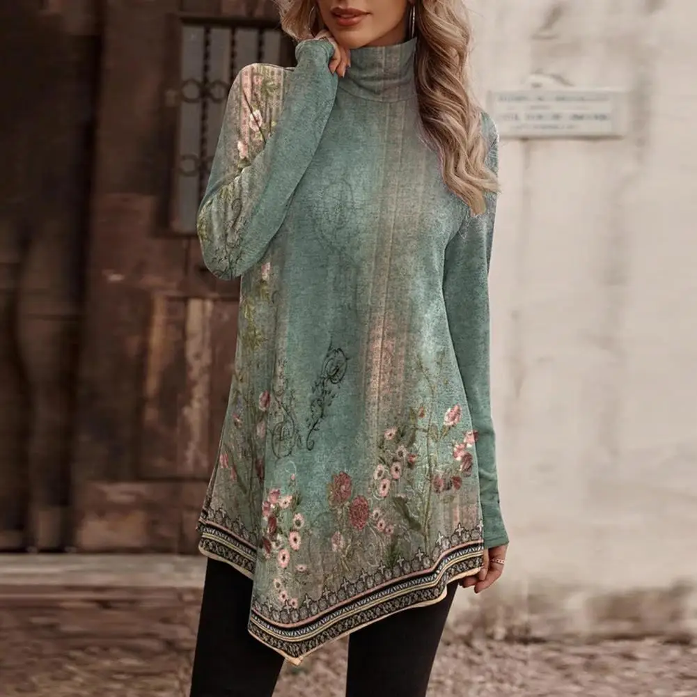 

Soft Winter Top Flower Printed Women Top Ethnic-inspired Women's Winter Blouse with Irregular Hem Flower Print for Fashionable
