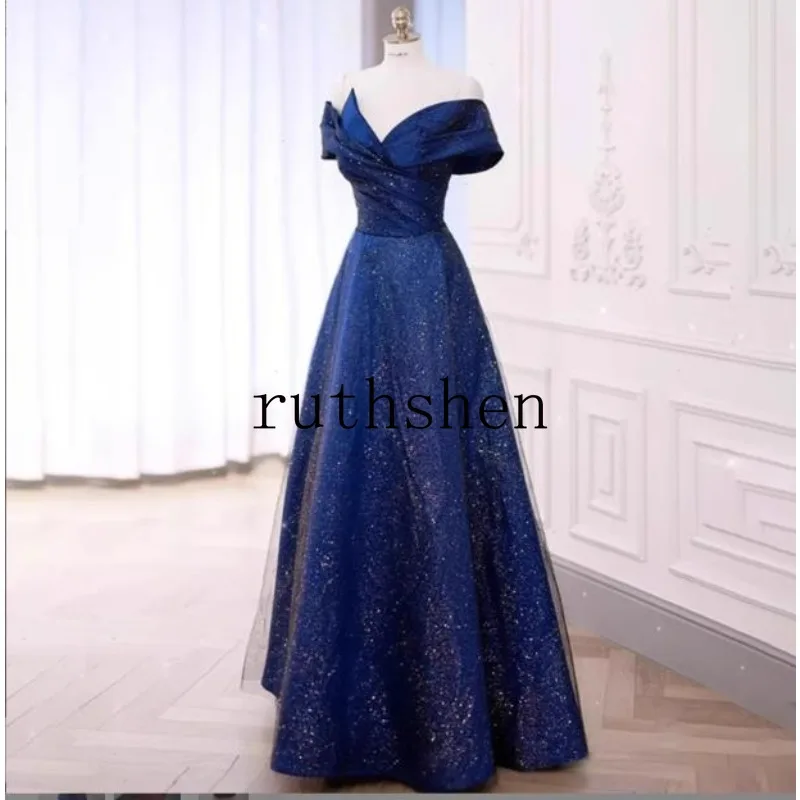 

2025 New Blue Off Shoulder Long Lady Girl Women Princess Banquet Party Prom Dress Performance Gown Customized Black Burgundy