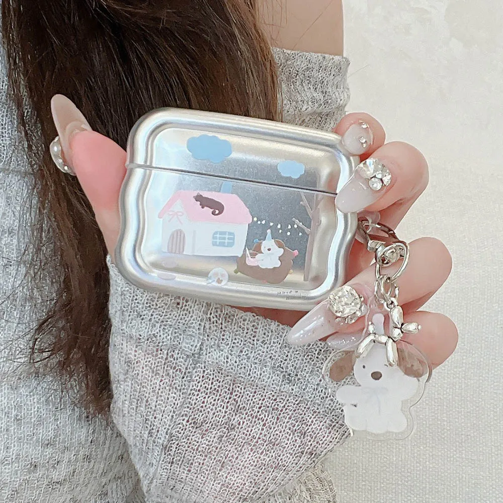 Plating Silvery Cartoon Dog INS Wireless Headset Case For Apple Airpods 1 2 Pro 3 Pro2nd Wavy Charging Box Fundas Puppy Pendant