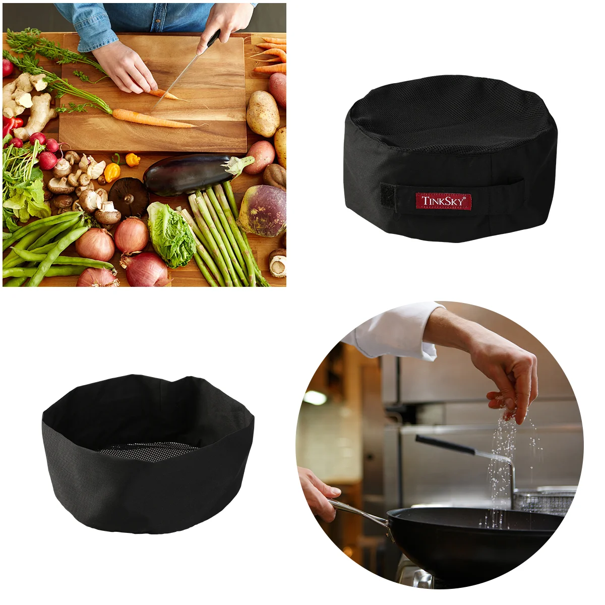 TINKSKY Gorro de chef de catering profesional con calavera de malla transpirable con correa ajustable - Talla única (Negro)