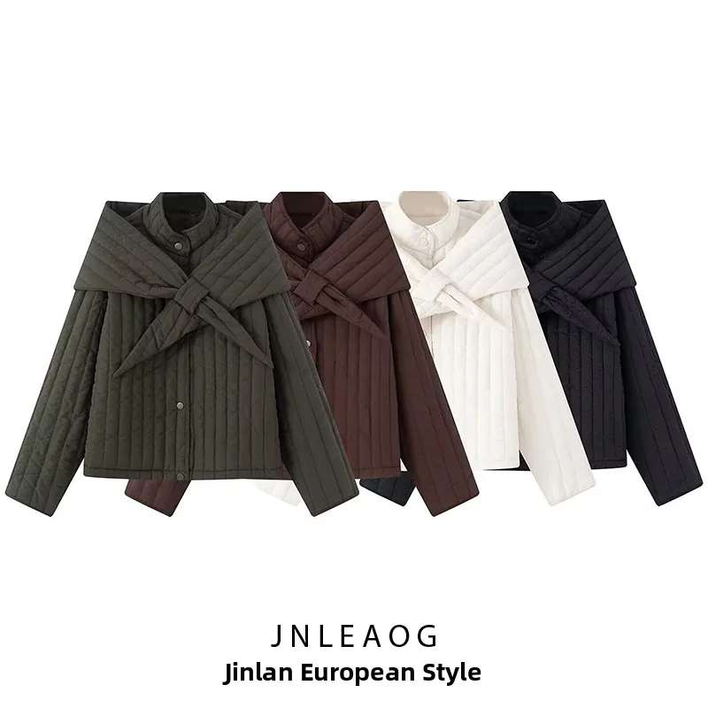 JNLEAOG Autumn New Women's Fashion Multi-Color Simple Stand Collar Detachable Scarf Cotton Jacket Outerwear Polyester Fiber