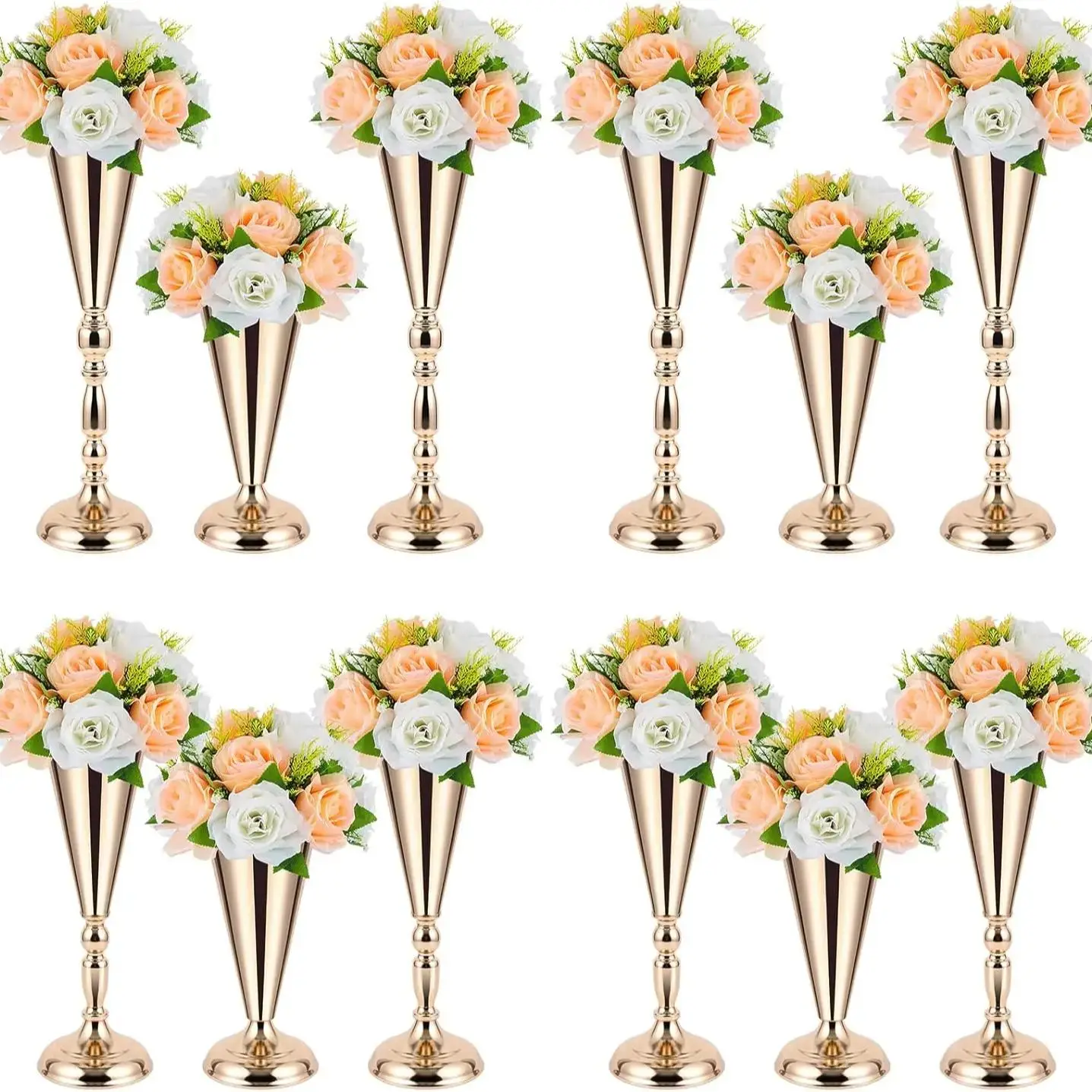 

10 Pcs Gold Metal Wedding Flower Trumpet Vase, Table Decorative Centerpiece Artificial Flower Ceremony Party Birthday Event