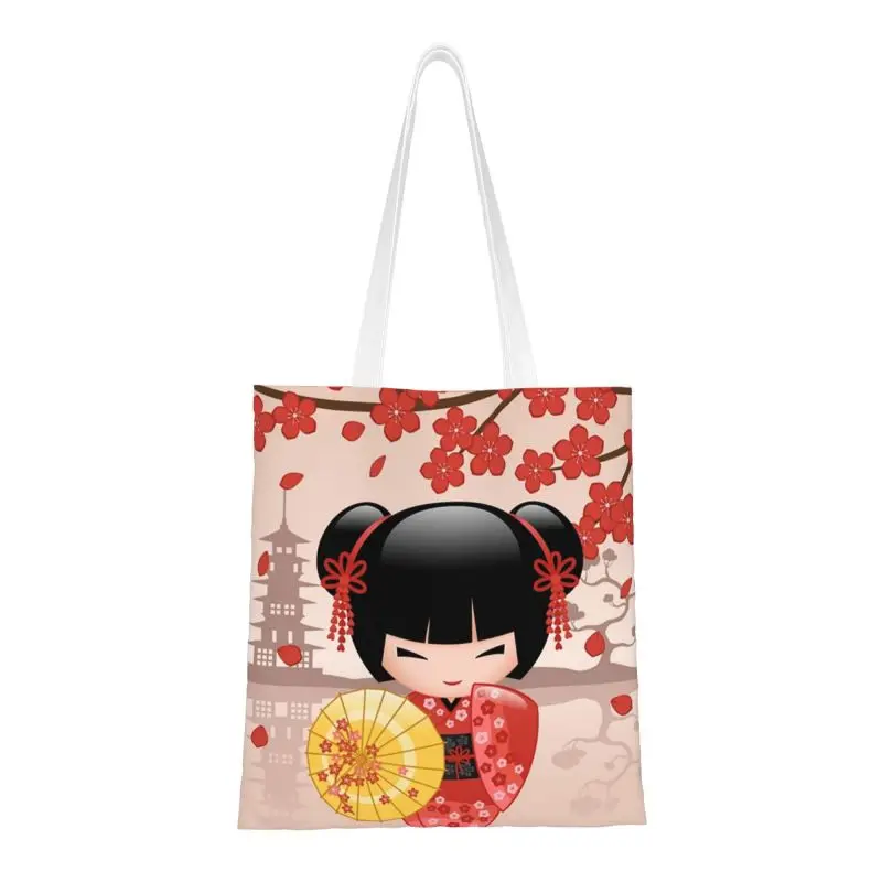 Custom Japanese Red Sakura Kokeshi Doll Grocery Shopping Bags Canvas Shopper Tote Shoulder Bag Girly Cherry Blossom Handbag