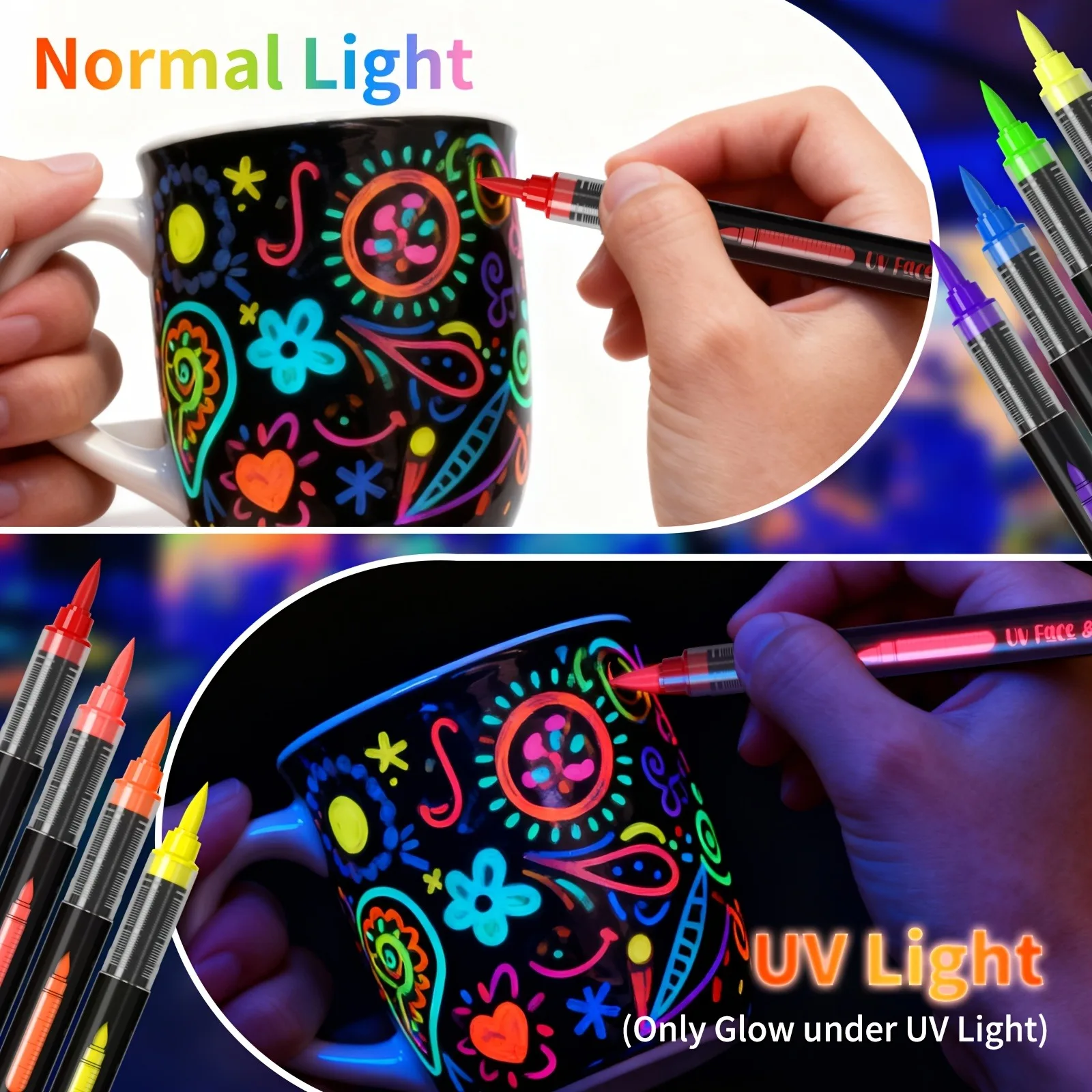 EYIR 8 Colors UV Face Body Paint Pens with Stencils Washable Neon Glow Makeup Markers for Halloween Cosplay Festival Party