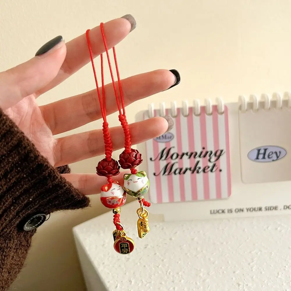 Cartoon Maneki Neko Key Chain Ceramic Phone Lanyard Lucky Cat Mobile Phone Pendant Anti Loss Backpack Charms