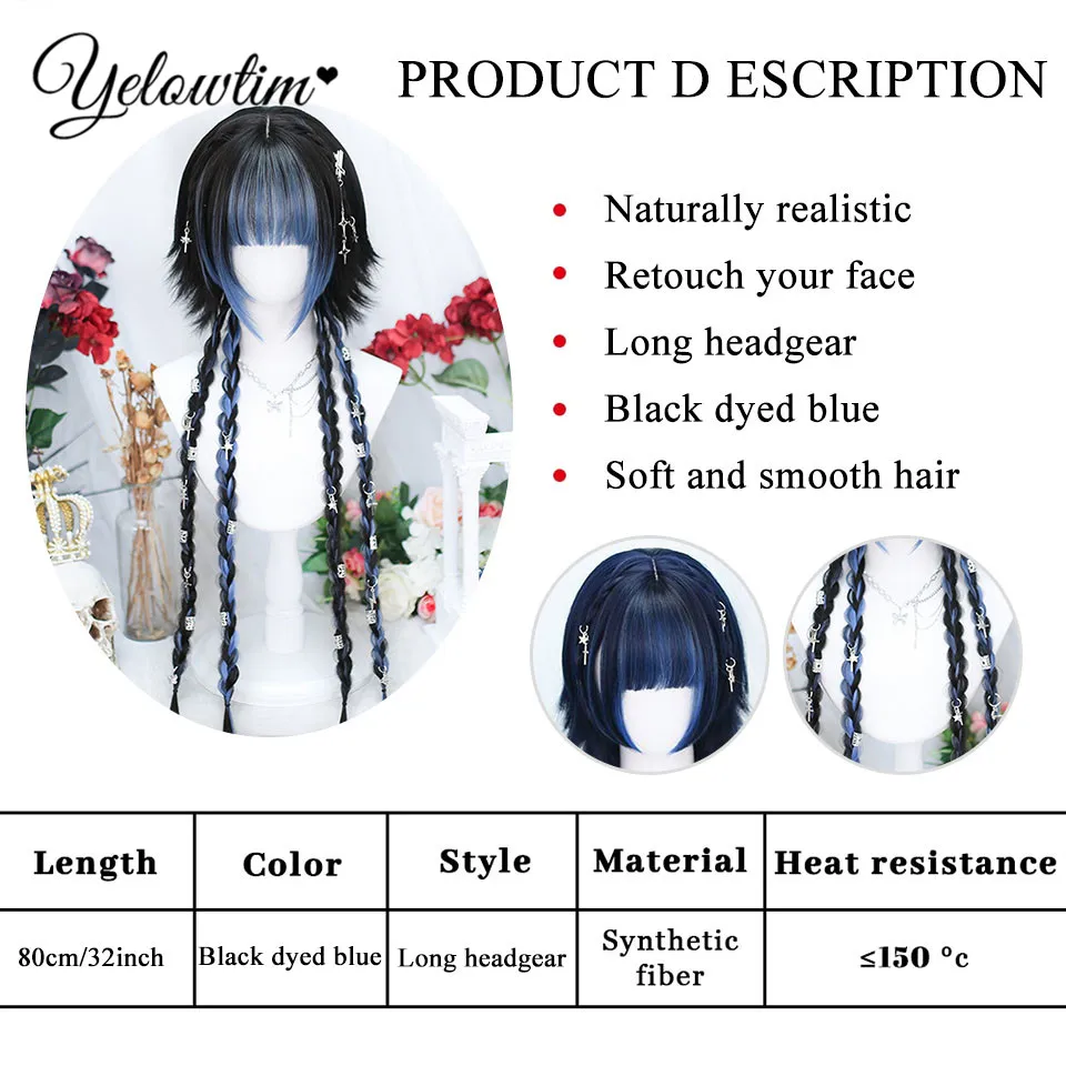 Synthetic Long Straight Lolita Wig With Bangs Ombre Two Tone Black Blue Daily Cosplay Party Hair