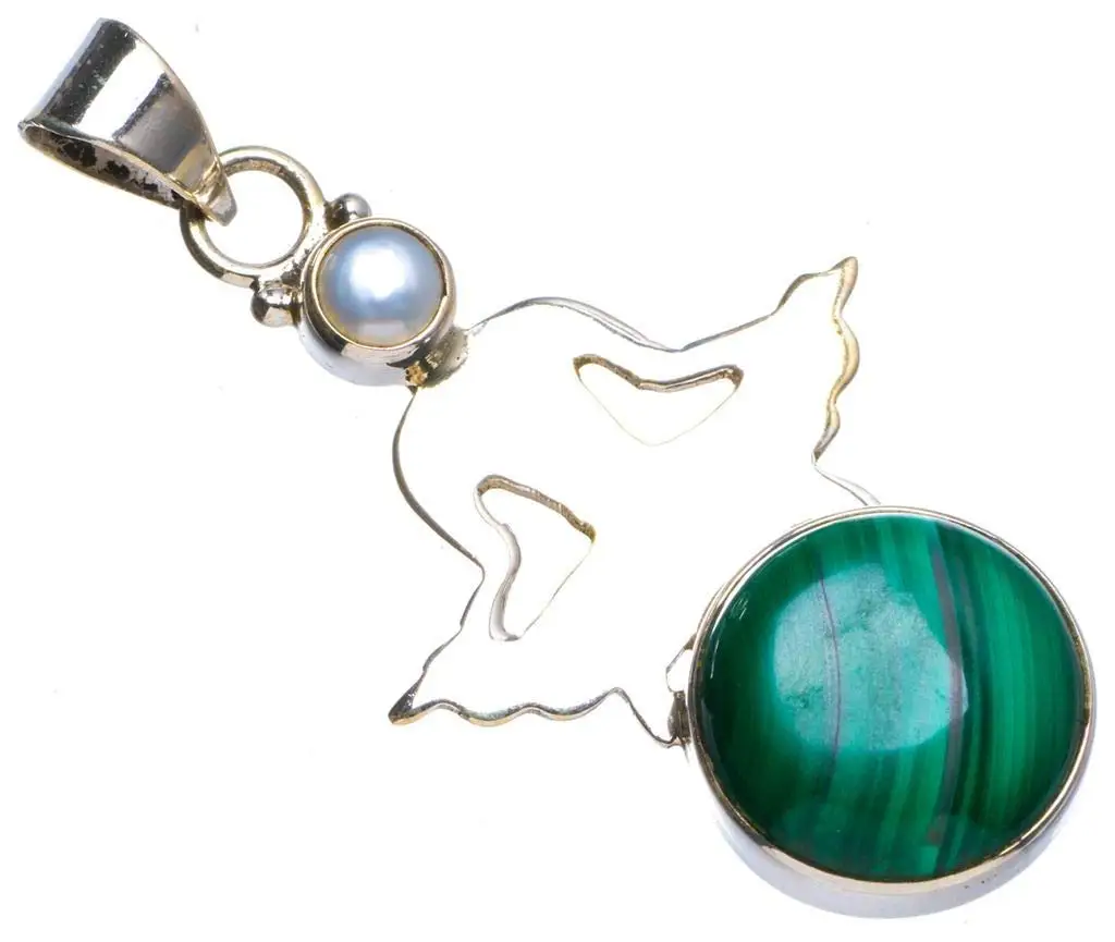 

StarGems® Natural Malachite andRiver Pearl Handmade Unique Ballet Shape 925 Sterling Silver Pendant 1.75" X0581