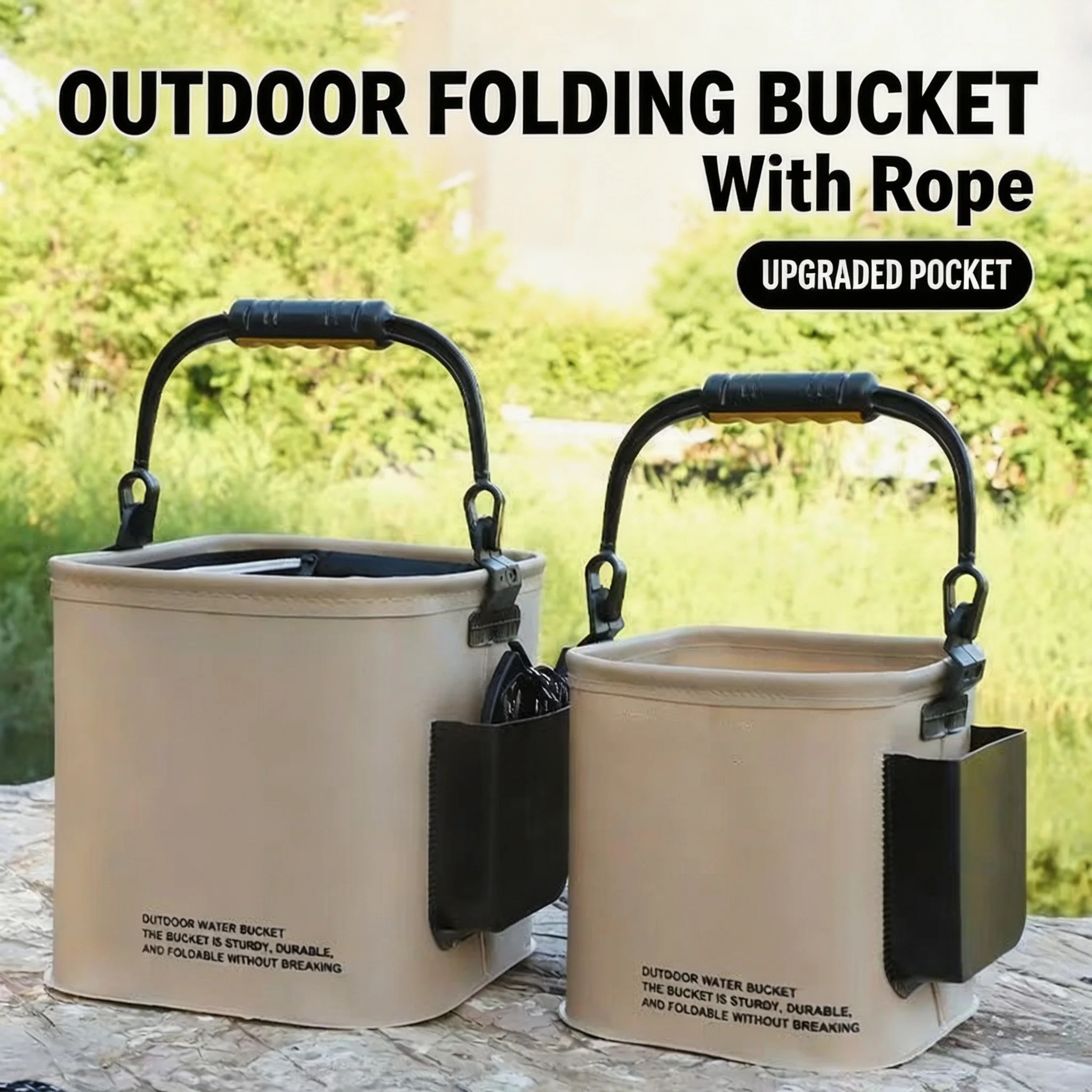 Collapsible Fishing Water Bucket 13L Portable Outdoor Camping Bucket with Handle Side Pocket and 5m Rope for Fishing Car Wash