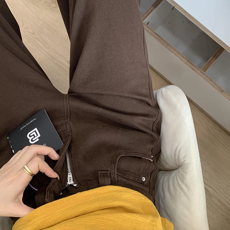 Coffee Color Straight Leg High Waist Jeans Women's Slim Fit American Style Sexy Loose Long Draping Pants Autumn Season
