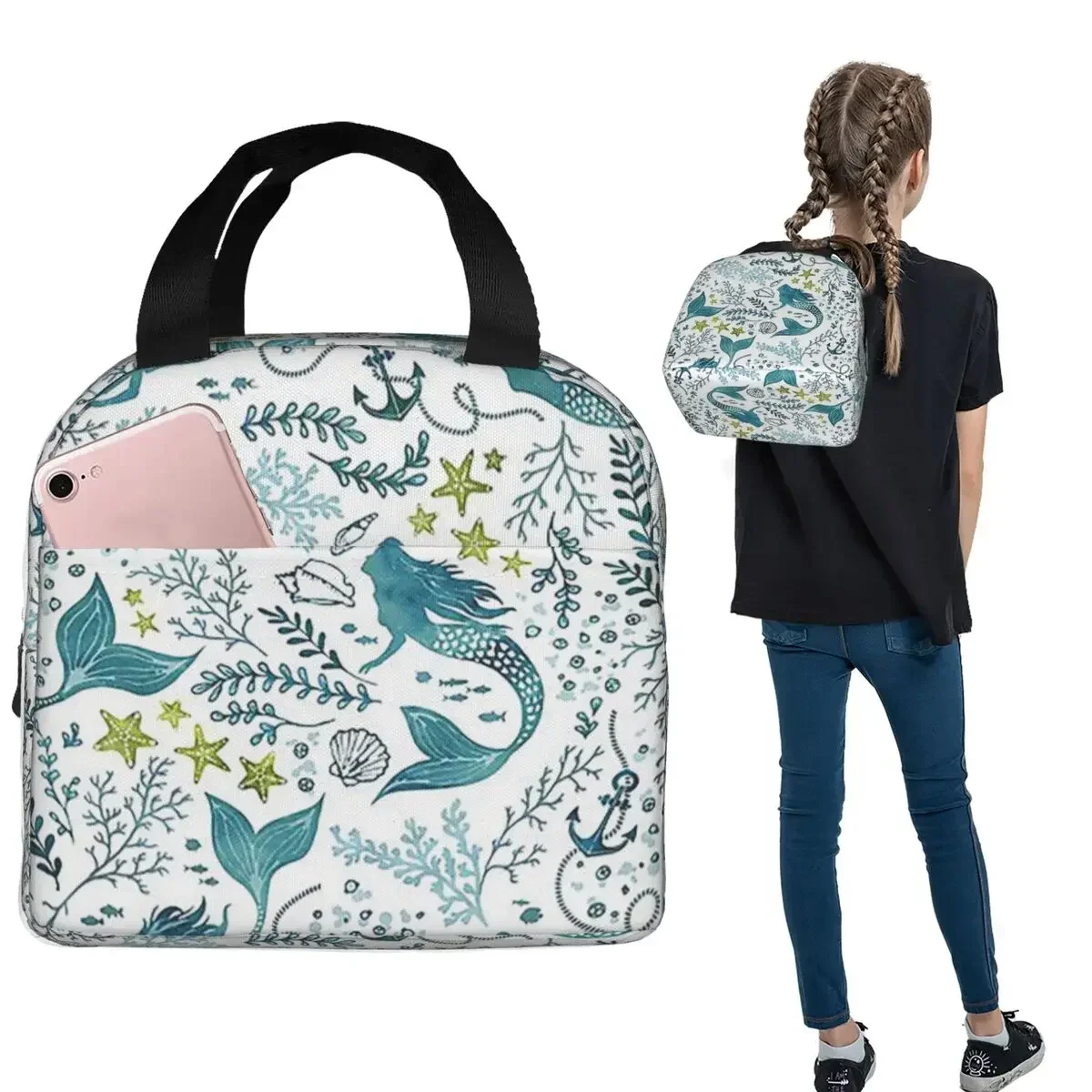 Mermaid Ocean Light Insulated Lunch Bag for Women Kids Portable Food Boxes Thermal Lunch Box Tote