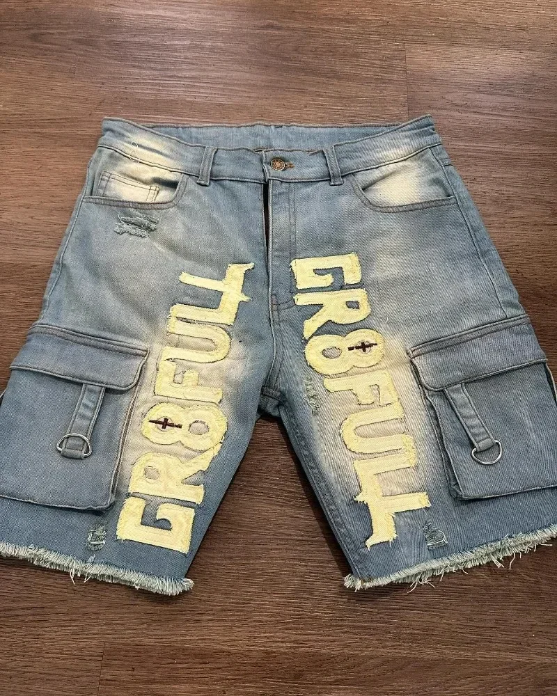 Y 2K Nieuwe Mode Retro Rock Hiphop Stijl Brief Borduurwerk Patch Distressed Denim Shorts Amerikaanse Trend All-Match Shorts Trend