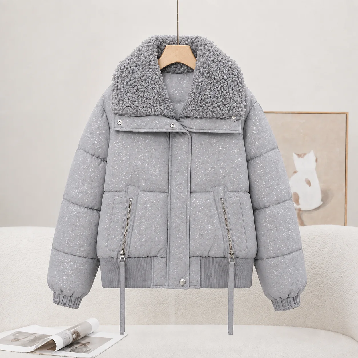 Women Cropped Parkas Jacket Teddy Fleece Big Collar Winter Warm Sparkly Quilted Coat Ladies Elastic Hem Zipper Pocket Outerwear