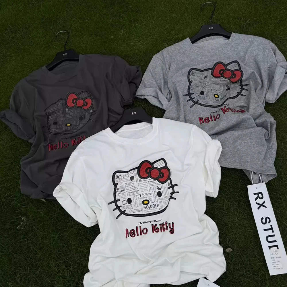 

Футболка Kawaii Hello Kitty, женская футболка с короткими рукавами, Y2K, милый повседневный свободный топ с мультяшным принтом, белая футболка для девочек, уличная одежда на каждый день