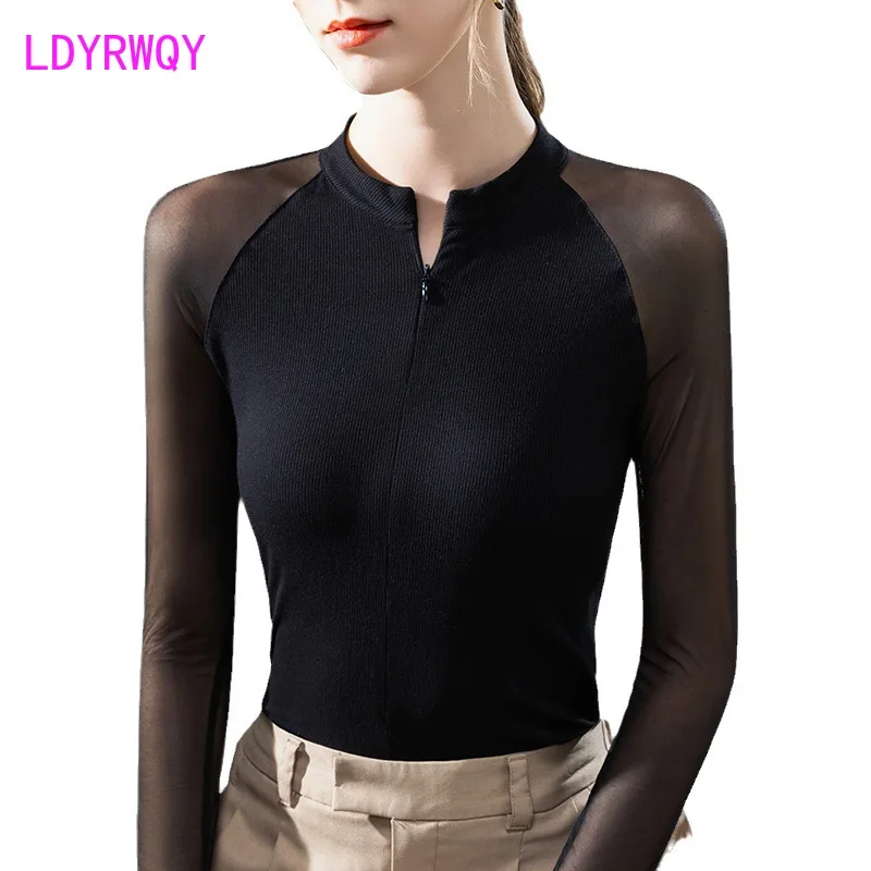 Standing Collar Underlay Women's 2023 Autumn Women's Thread Spliced Mesh Temperament Layered Elastic Top T-shirt