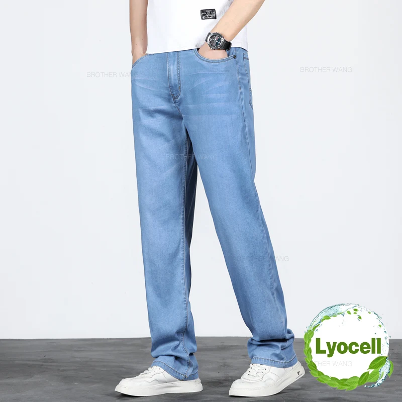 

2024 Summer Men Lyocell Thin Jeans Classic Loose Straight Business Casual Elastic Denim Pants Brand Trousers Plus Size 42 44 46