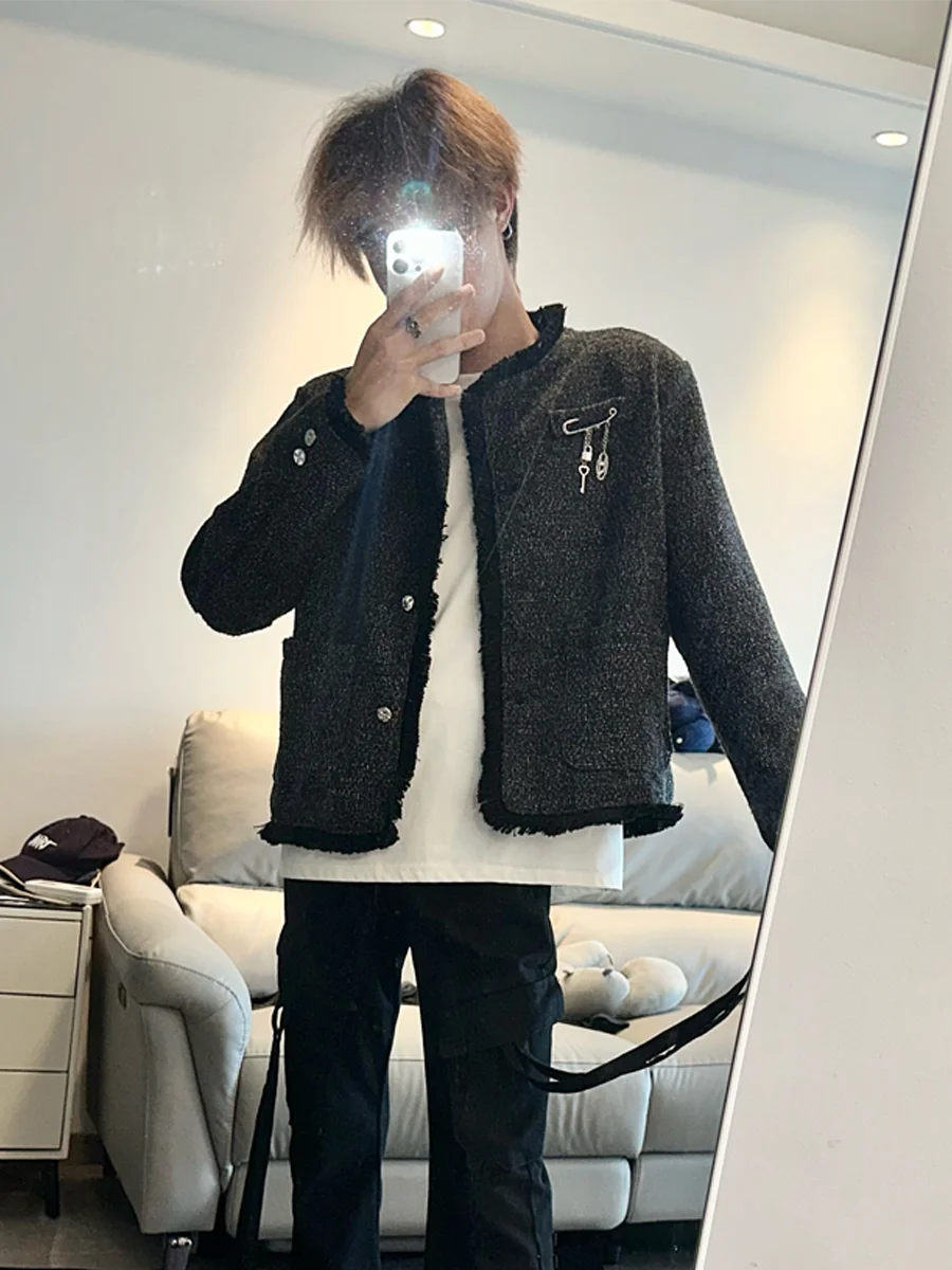 

American Sle oulder Pad Bla iny Men's Jaet Autumn Winter No Collar Skinny Fit High End Feeling Coat Youth Faion