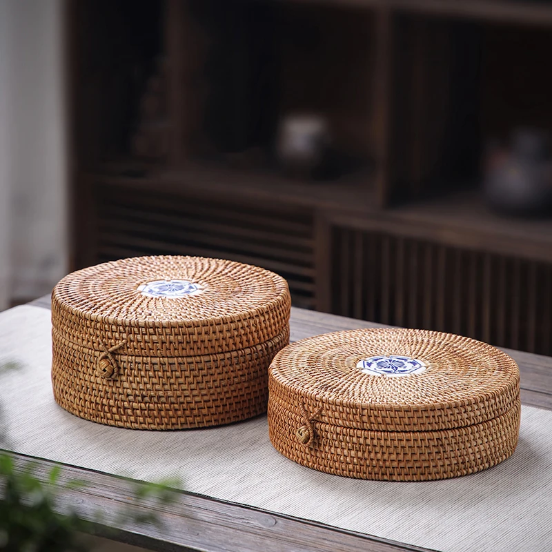 Handwoven Rattan Storage Box With Lid Wicker Tea Food Container Picnic Bread Fruit Cake Basket Ornament Box Kitchen Organizer