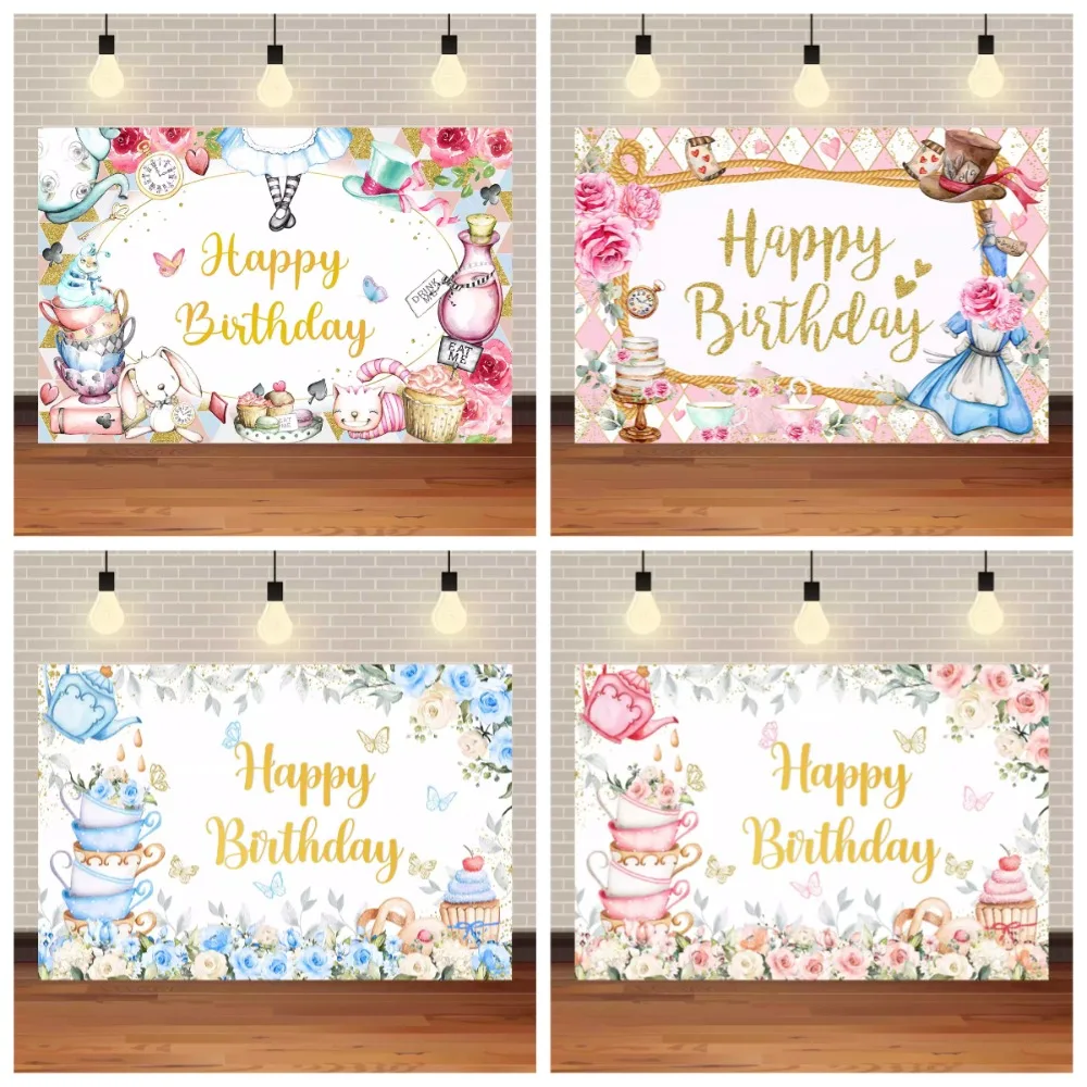 Alice in Wonderland Party Backdrops Children's Happy Birthday Decoration Photographic Background Baby Shower Banner Photo Studio