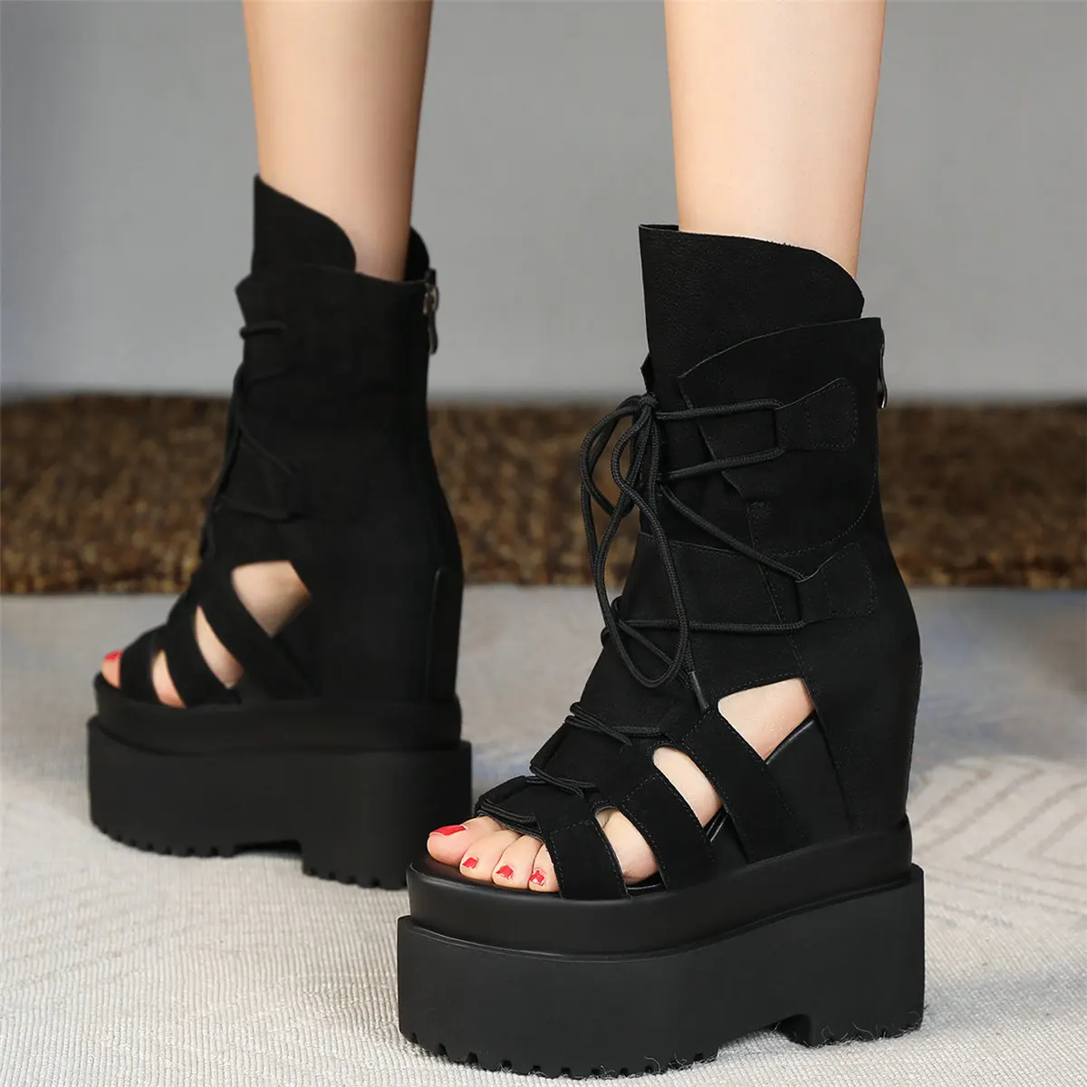 Summer Wedges Fashion Sneakers Women Lace Up Cow Leather High Heel Gladiator Sandals Female Open Toe Platform Pumps Casual Shoes