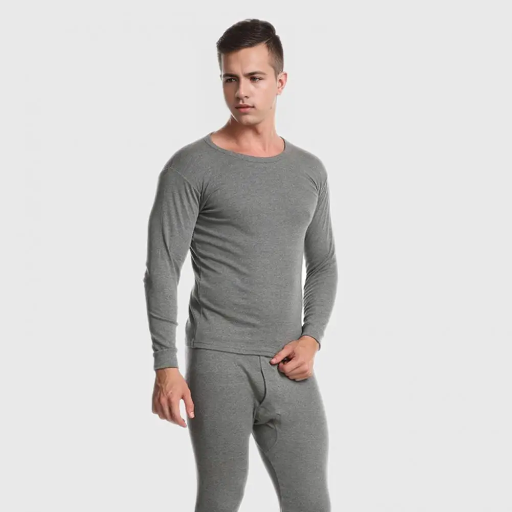 Comfortable Homewear Suit Men's O-neck Long Sleeve Pajama Set with Elastic Waist Pants 2 Piece Solid Color for Comfortable