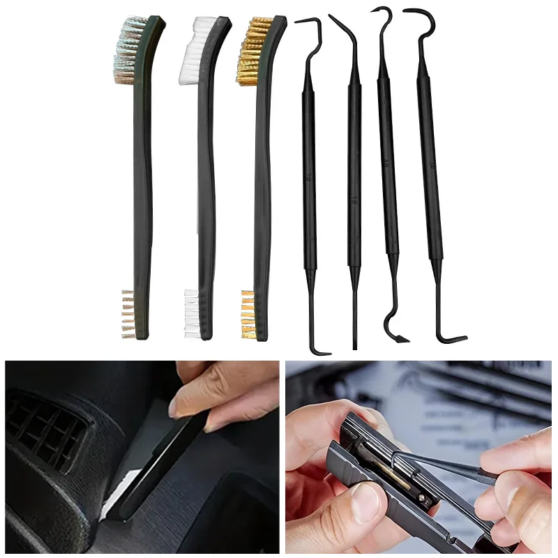 Double-end 3 pcs Mini Wire Brush Set and Stainless Steel 4pcs Nylon Picks Set Multipurpose Car Detail Cleaning Polishing Tool