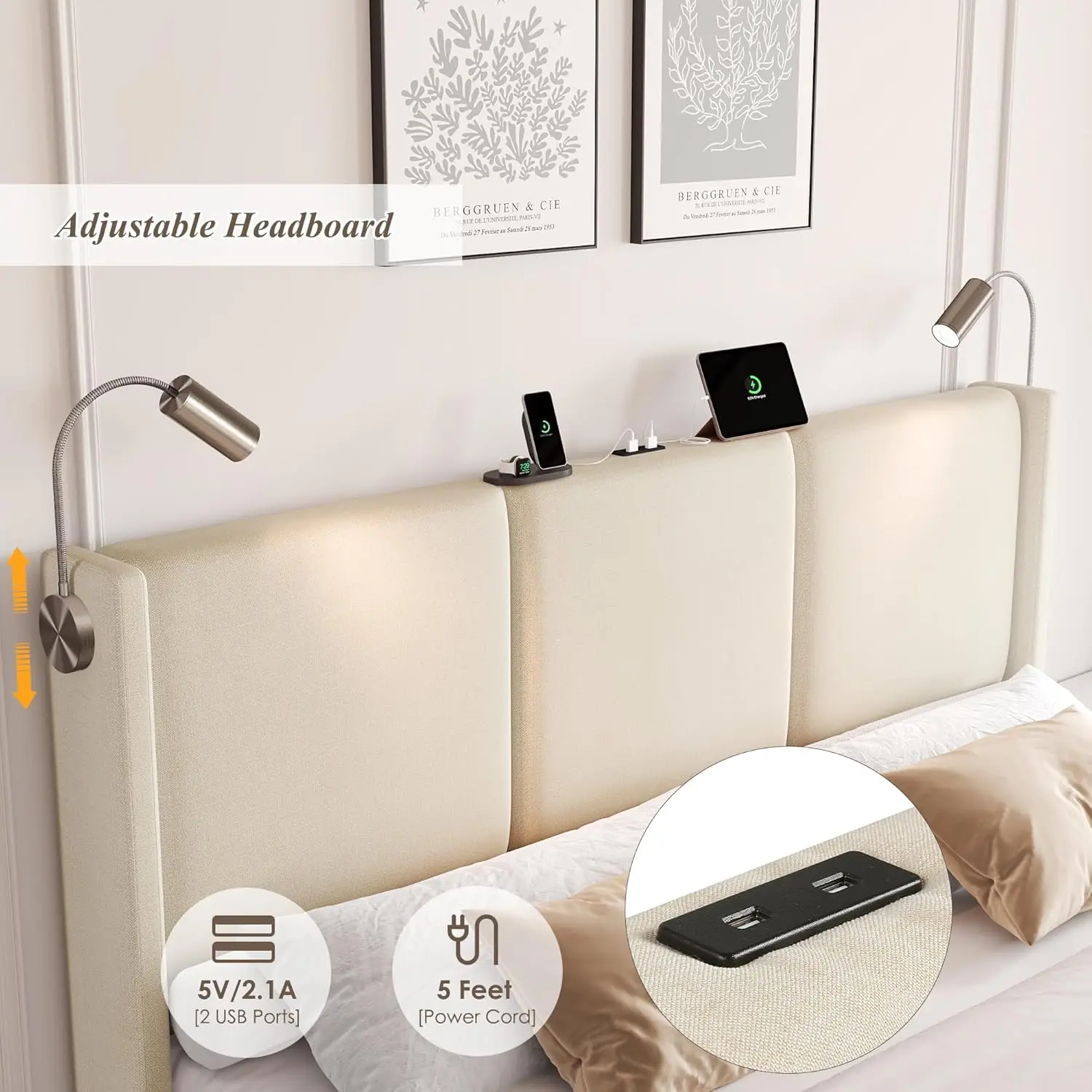 إطار سرير للتخزين مع محطة شحن، سرير بمنصة منجدة حديثة مع ضوء قراءة ولوح رأسي قابل للتعديل