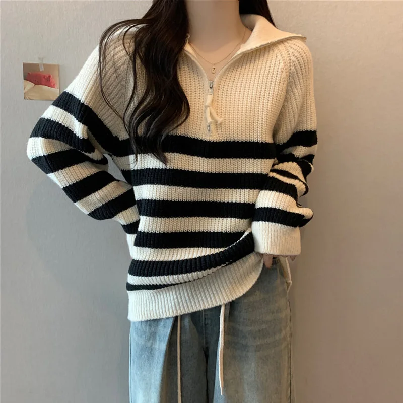 Half-high Collar Zip-up Stripe Pullover Sweater Women Autumn  New Design Sense Over Fit Knit Long Sleeve Top