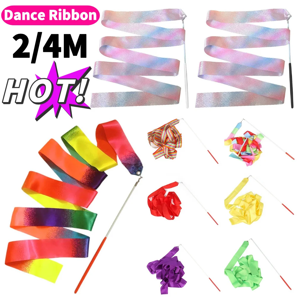 2/4M Flashing Dance Ribbon with Wand Sparkling Dance Ribbon Multifunction Twirling Ribbon Streamer for Artistic Dancing Training
