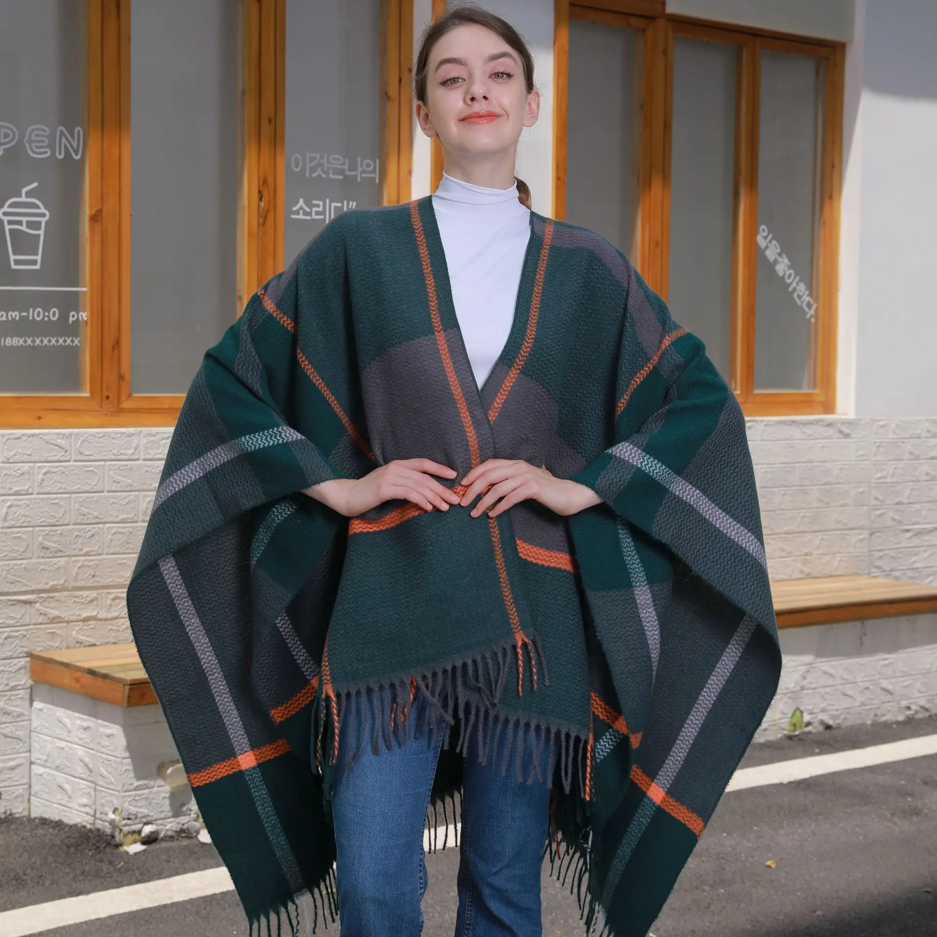 

Autumn Winter Warm Fashion Tassel Cardigan Poncho Cape Blanket Women Knitted Jacquard Striped Outerwear Shawl Cloak