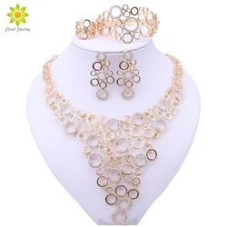 African Costume Jewelry Sets Gold Color Women Dubai Choker Crystal Necklace Earrings Ring Bracelet Party Wedding Accessories