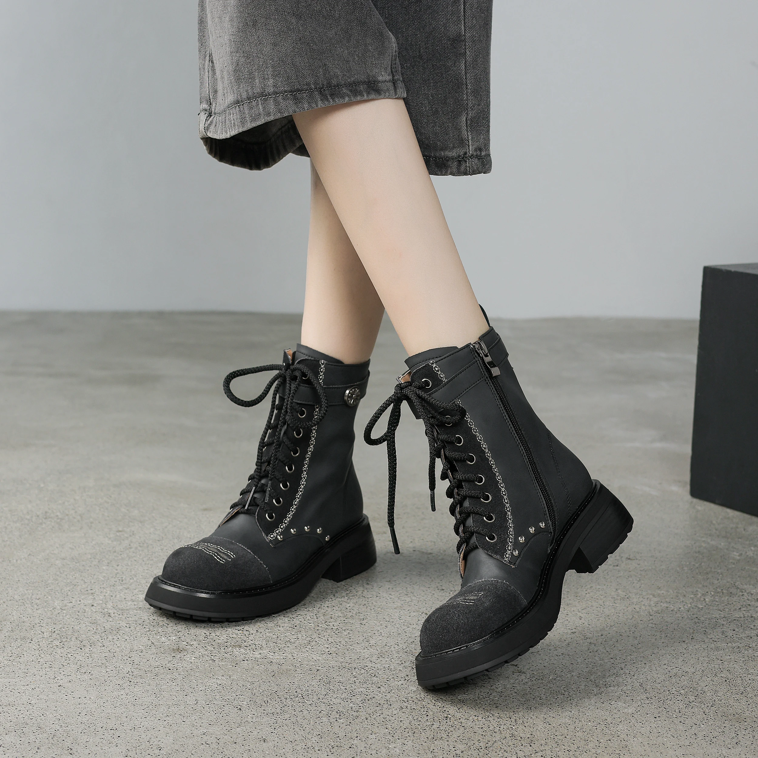 

Women's Punk Work Commute Ankle Boots - Handcrafted Genuine Leather, Special Embroidery Round Toe Block Heel Black/Gray/Brown