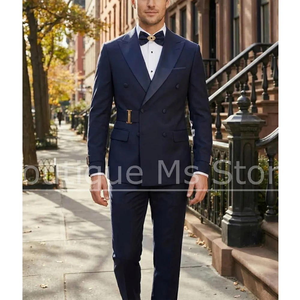 

Men Navy Blue Peak Lapel Double Breasted Suit 2 Piece Slim Fit Metal Buckle Formal Wedding Party Business Tuxedo Blazer Pants
