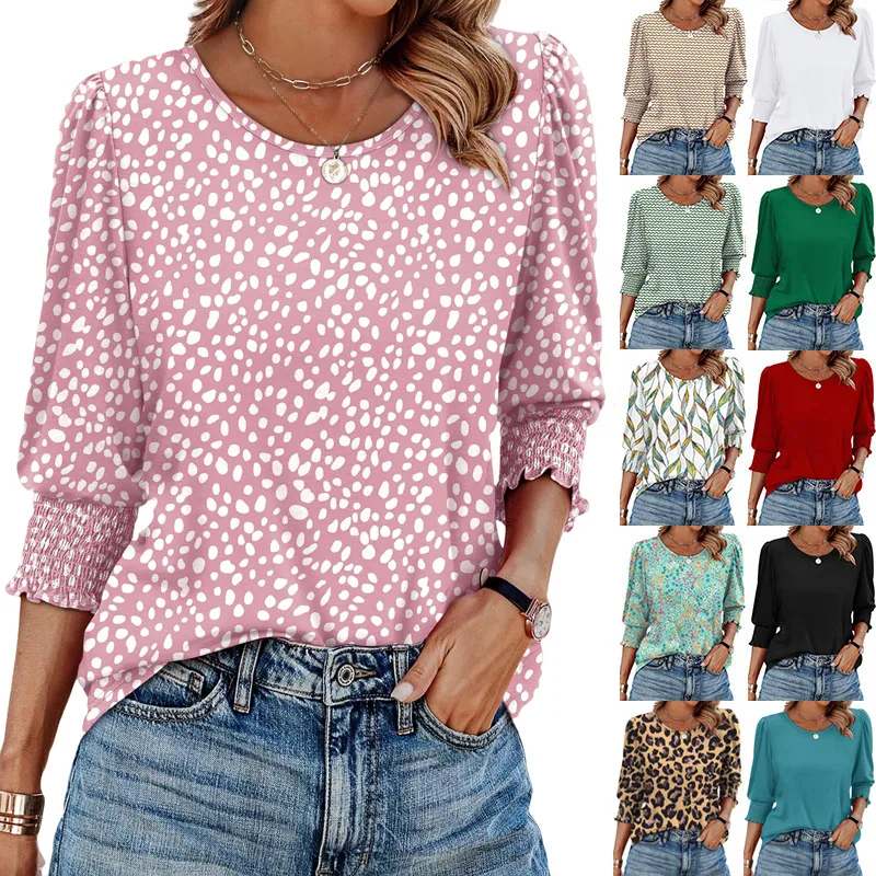 Europe beautiful woman 2026 spring loose casual print seven-quarter sleeve crew neck T-shirt top