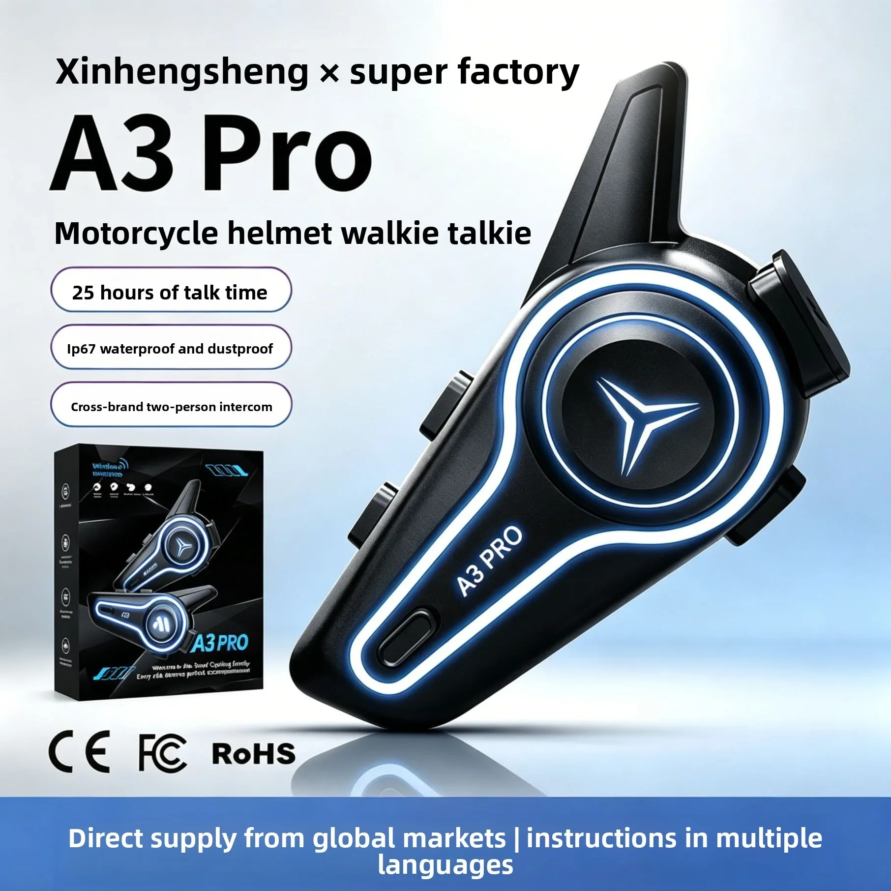A3Pro Moto Helmet Bluetooth Intercom Headset | 1000M, 20 Riders Group Talk, BT6.0 IP67 Waterproof, Music Share & FM Radio