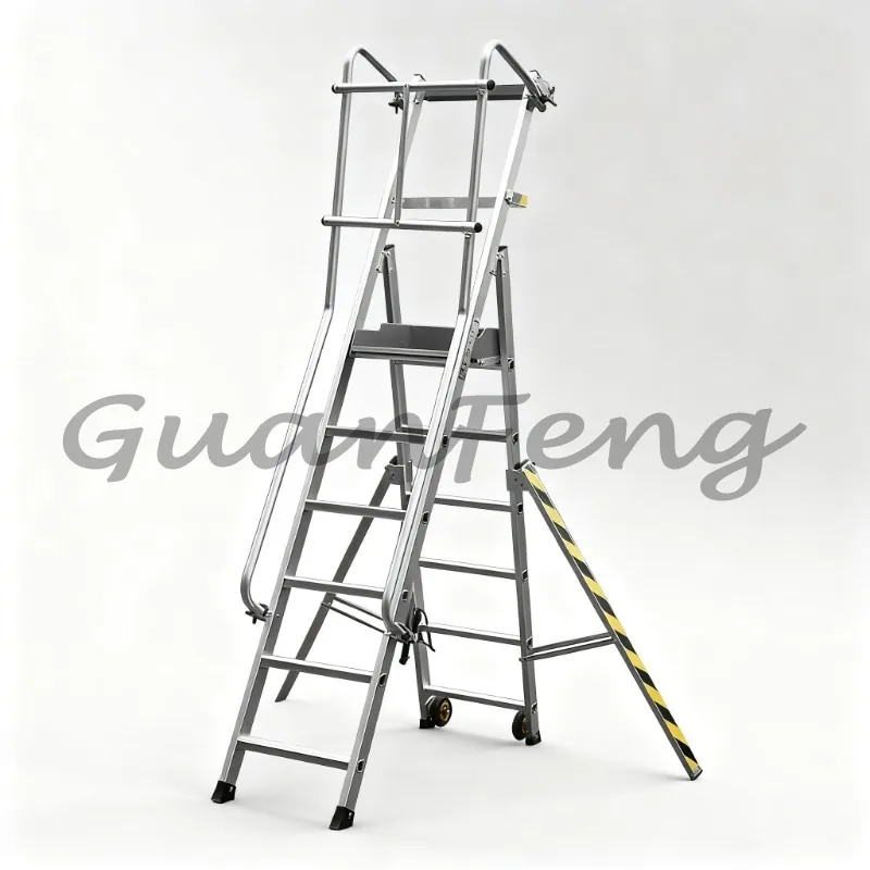 Large Guardrail Handrail Platform Ladder, Industrial Work Platform with Built-in Tool Tray