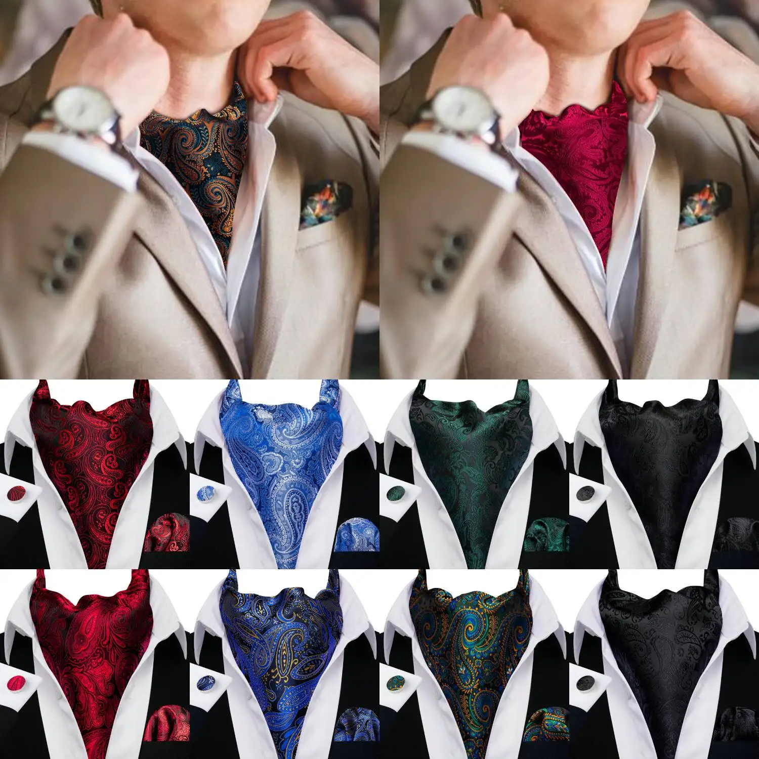 

Barry.Wang Men's Ascot Pocket Square Cufflinks Sets Rose Red Green Blue Cravat Tie For Male Formal Casual Wedding Business Gift