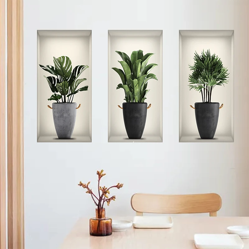 3 Sheets Green Plant Potted Plant Wall Sticker 3D False Window Wall Sticker Vinyl Living Room Background Decoration Wall Decal