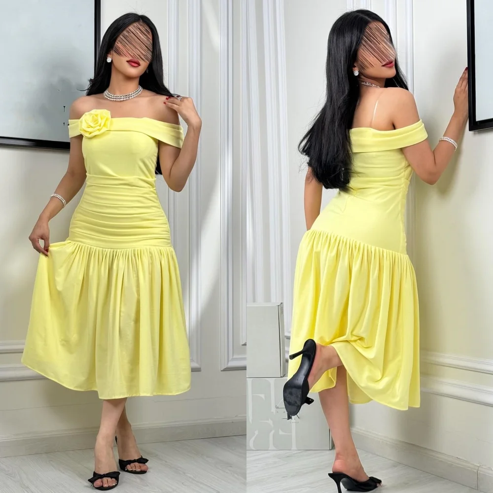 

Customized Modern Style Jersey Handmade Flower Draped A-line Off-the-shoulder Midi Dresses Bespoke Occasion Dresses High Quality