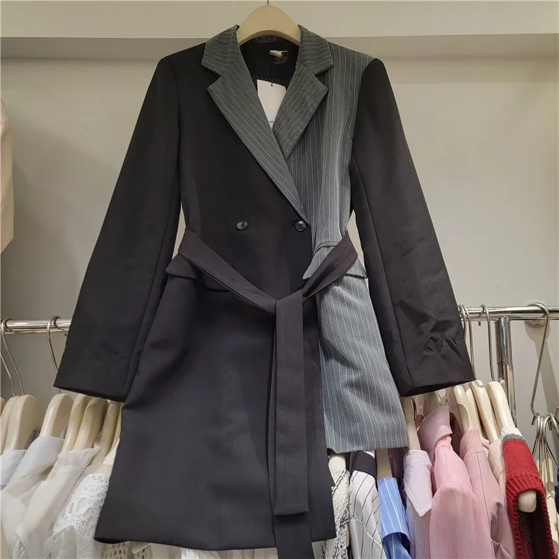 

SuperAen Contrasting Colors Striped Splicing Loose Irregular Straps Blazer Women Coat