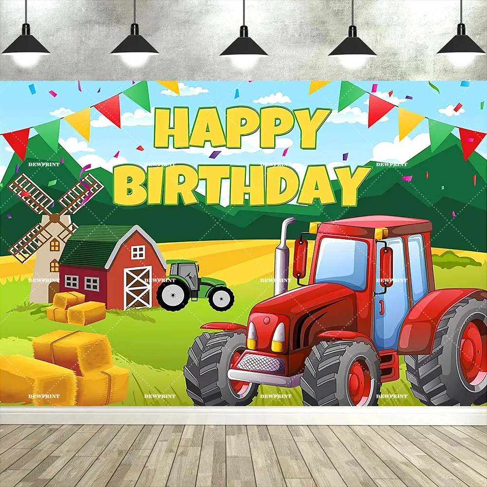 Dewdrop Print Farm Tractor Themed Birthday Photography Background, Children's Birthday Party Decoration Photography Background