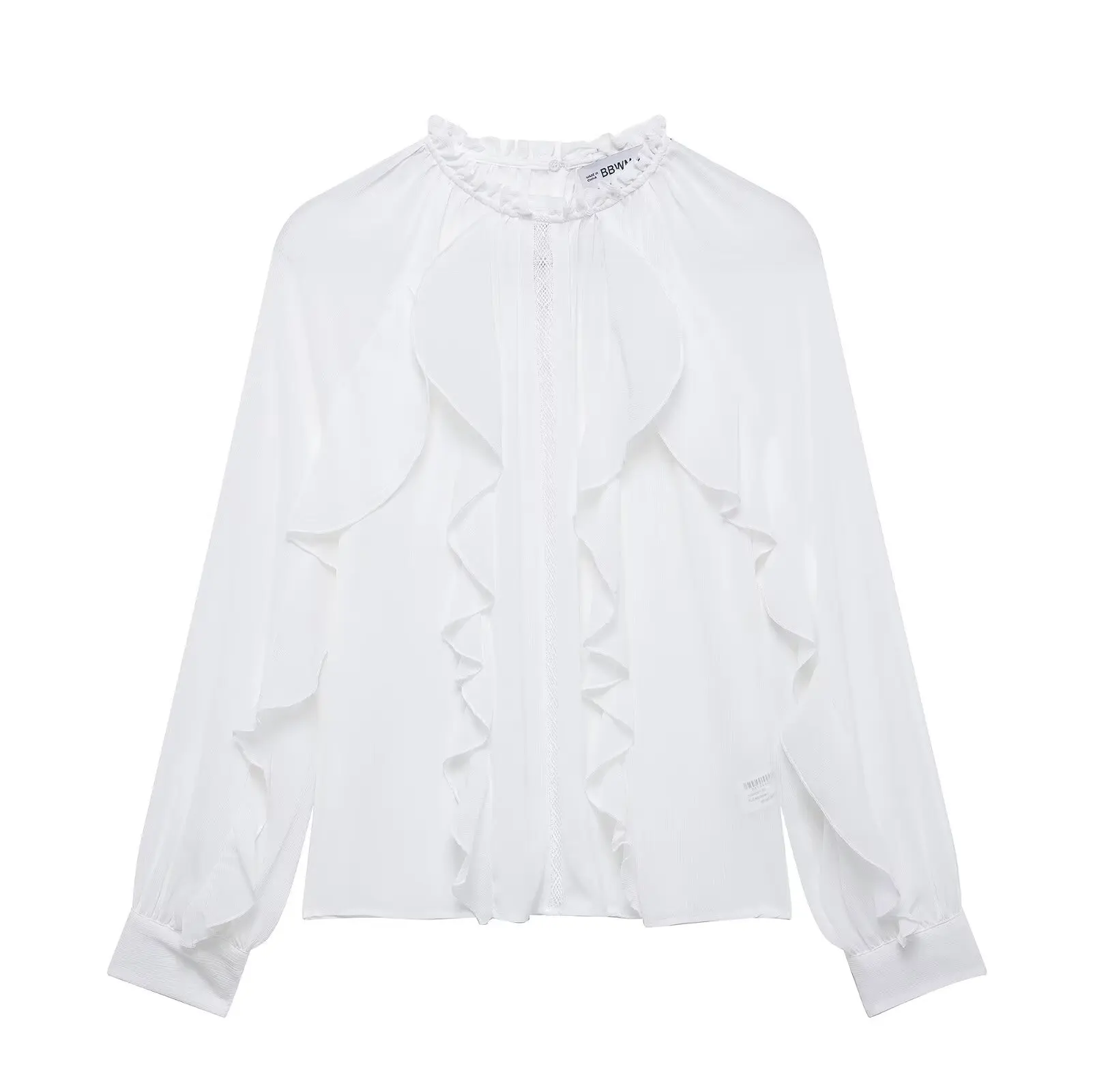 Taop&Za Blusa blanca de manga larga a la moda para mujer con exquisitos detalles de volantes y un diseño único de cuello levantado