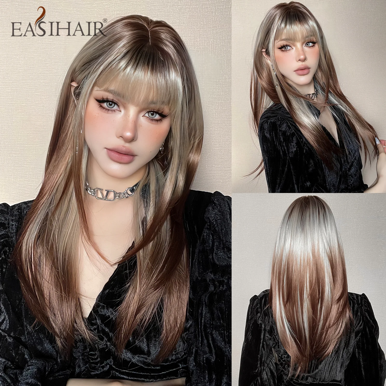 

Brown Blonde Layered Synthetic Wigs with Bangs Long Straight Ombre Natural Hair Wigs for Women Cosplay Daily Use Heat Resistant