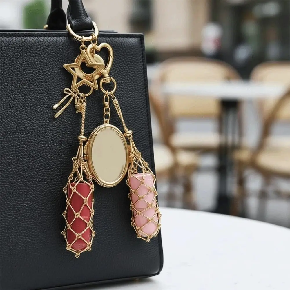 Bolsa de Malla Metálica Portátil para Lápiz Labial, Llavero, Mini Bolsa de Malla Metálica Hueca, Creativa con Espejo, Funda para Lápiz Labial, Anillo para Llaves