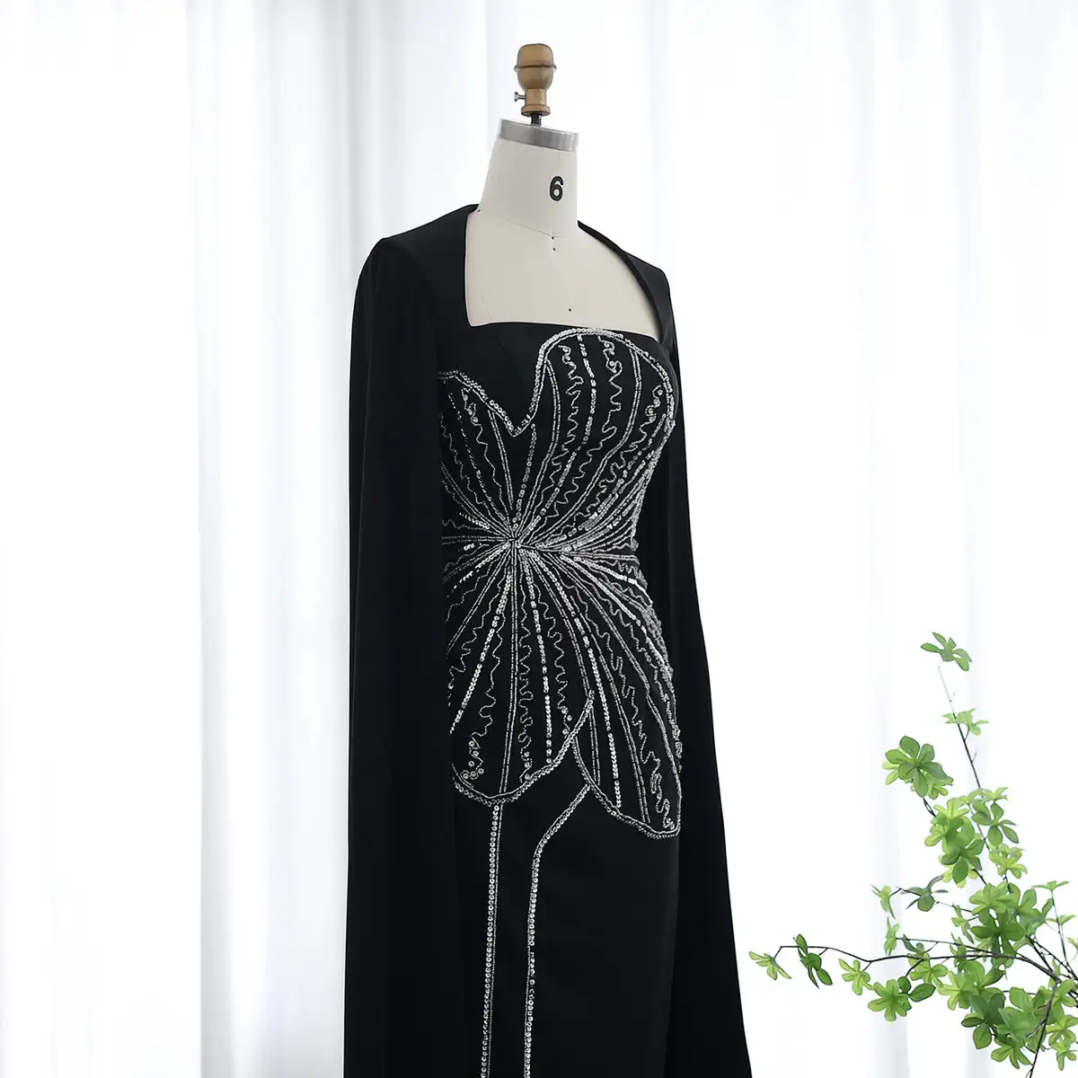 Elegant Black Luxury Beaded Arabic Evening Dress With Cape Sleeves Long Dubai Women Wedding Party Gowns Lsz275